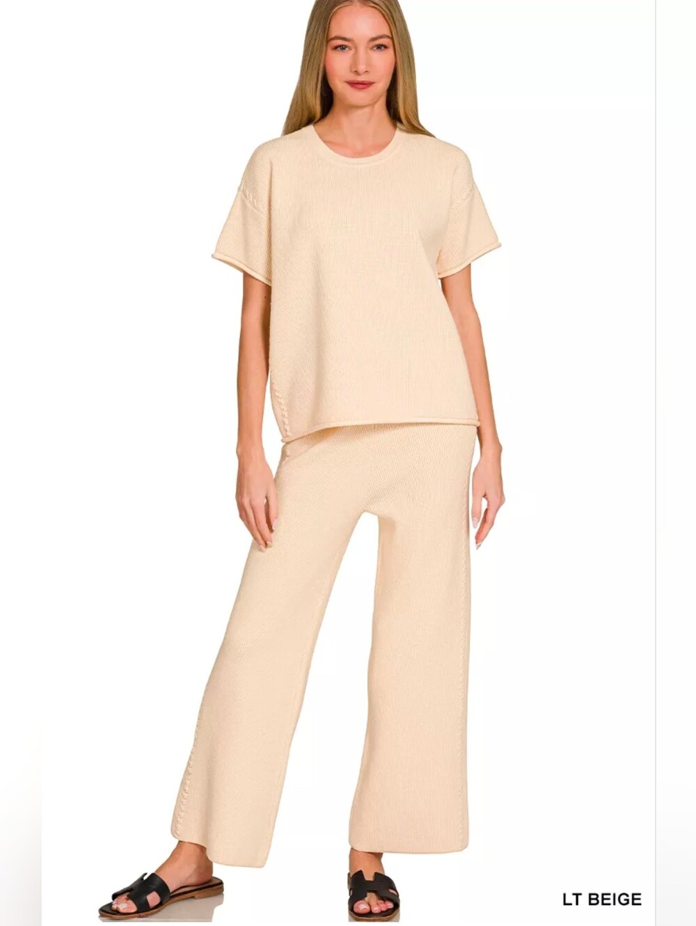 Zenana Viscose Round Neck Top & Pants Set Beige New